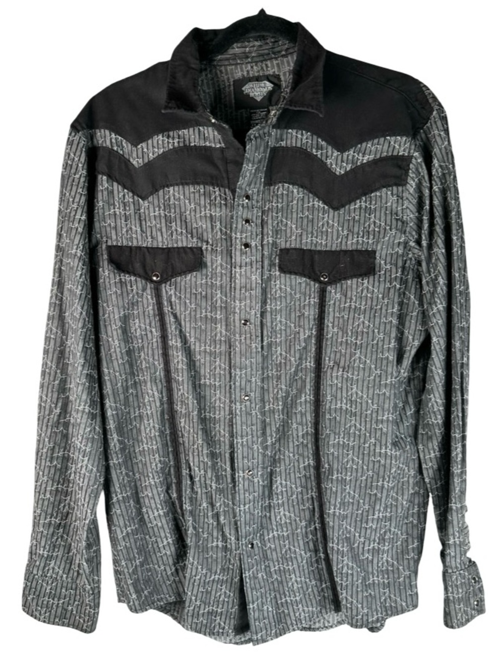 White Diamond Boots Gray Black Stripe Print Western Yoke Snap Shirt Men’s Large